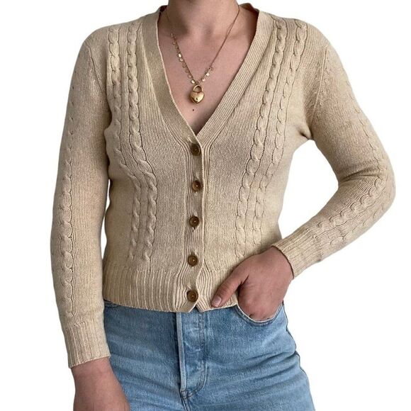 Vintage 1960s Womens Jaeger Cashmere Wool Blend Beige Tan Preppy Cardigan XS - Picture 1 of 8